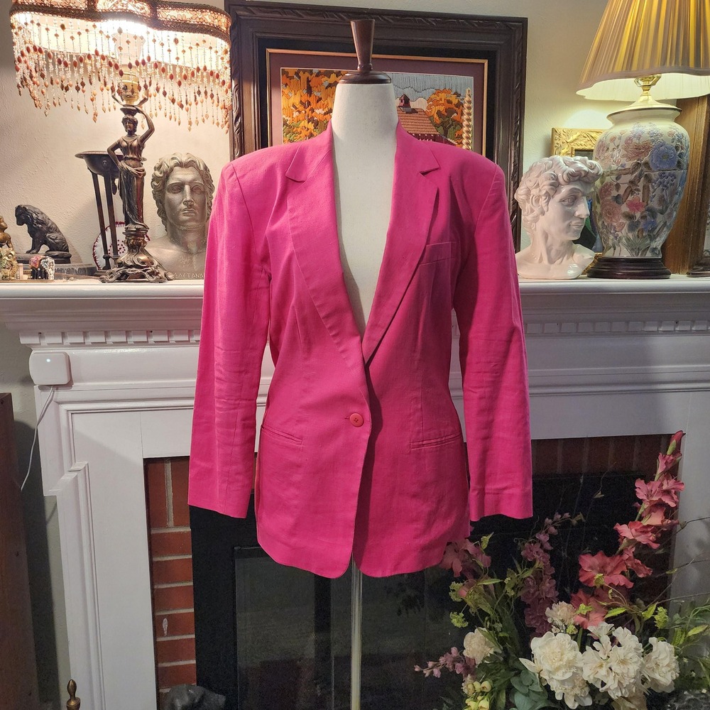 Vintage Adolfo International Pink Linen Cotton Single Button Blazer Womens 10